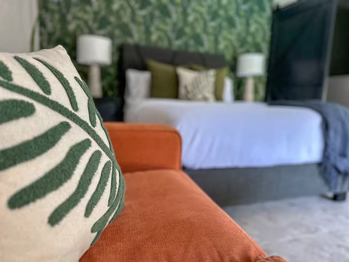 Palm Haven Pool House bedroom detail at a direct-booking vacation rental in Phoenix, Arizona